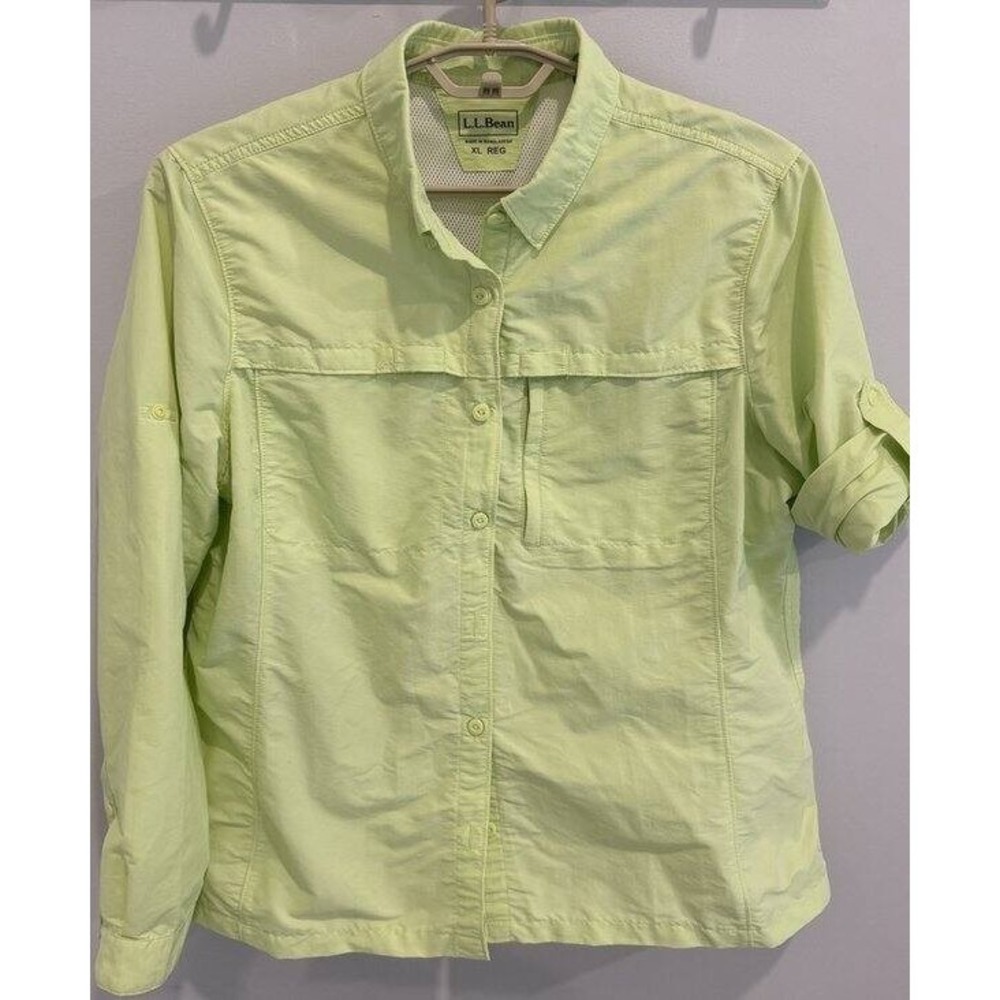LL Bean Womens Tropicwear Shirt Long Sleeve Roll Tab Vented Pale Lime Green XL